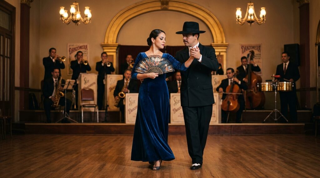 Una pareja baila danzón en la pista de madera de un salón de baile histórico, iluminado por candelabros. La mujer luce un vestido azul de terciopelo y un abanico, mientras que el hombre viste de traje negro y sombrero. Detrás, una orquesta danzonera toca en un escenario.