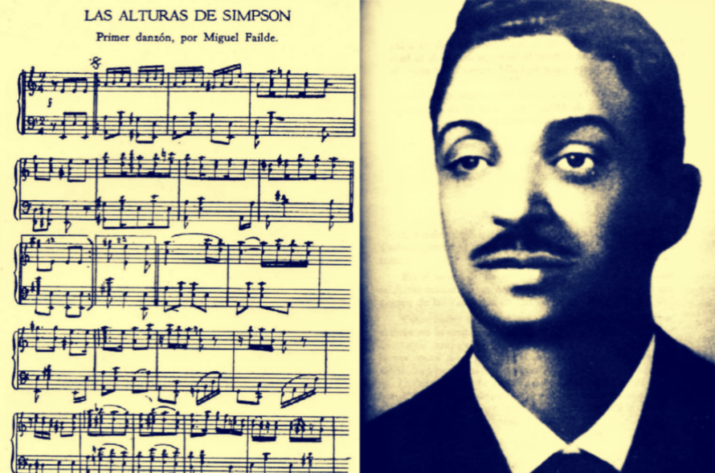 Partitura musical del primer danzón "Las alturas de Simpson" junto a un retrato en sepia del compositor cubano Miguel Faílde