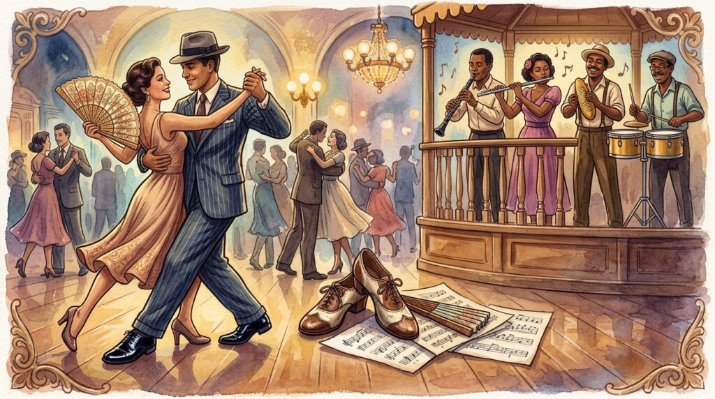 Ilustración en acuarela de una pareja bailando danzón en un salón clásico con músicos en vivo