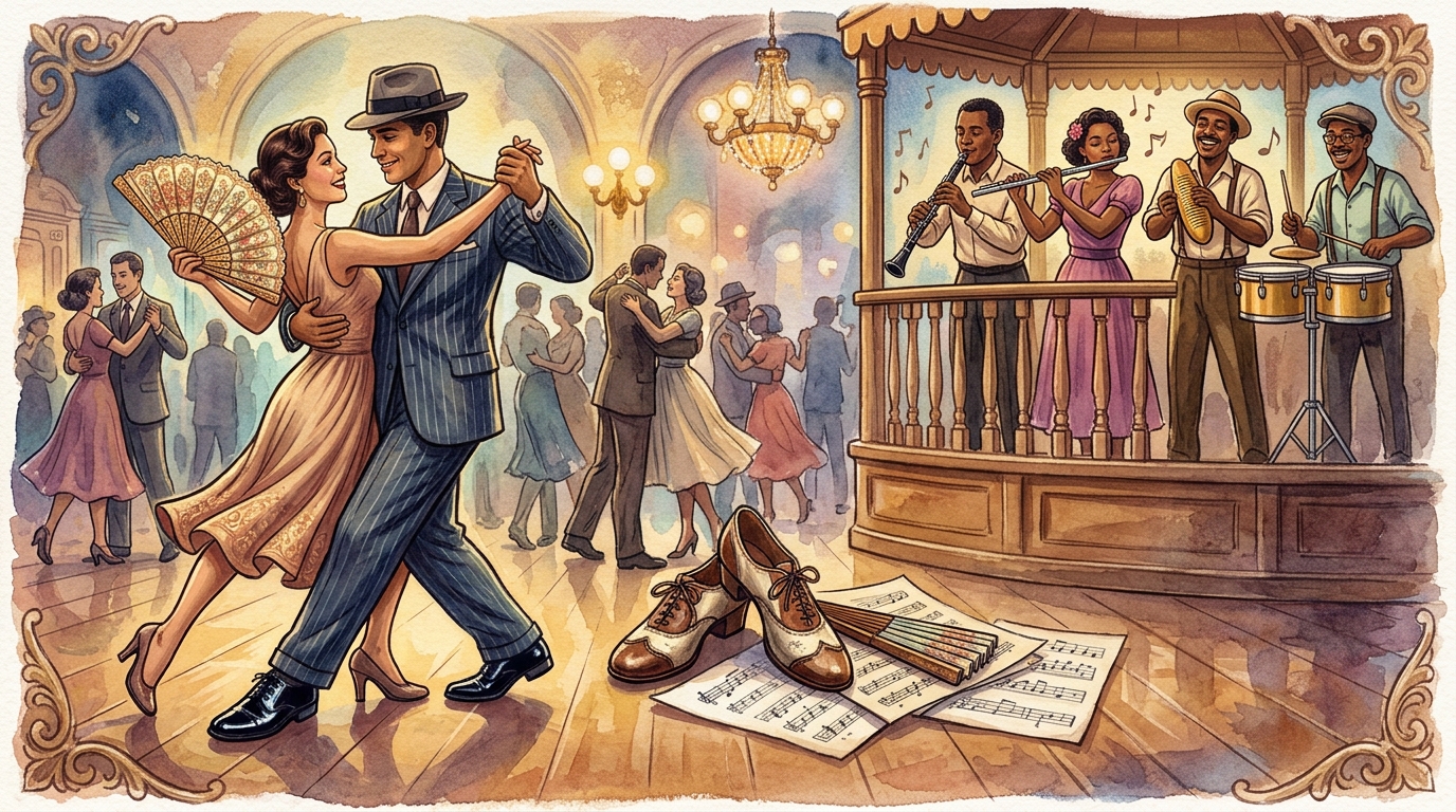 Ilustración en acuarela de una pareja bailando danzón en un salón clásico con músicos en vivo
